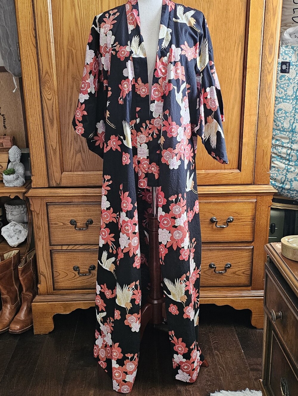Y2K Made in Japan Cotton Kimono Robe L Crane Sakura Floral Maxi
